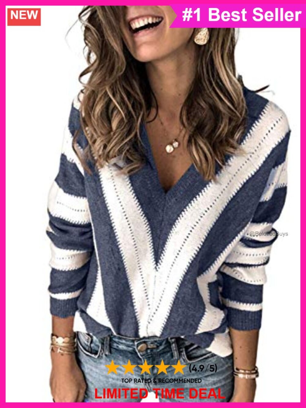 Womens Knit Sweater Pullover Long Sleeve Crewneck Loose Casual Color Block